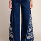 Dark Denim Flared Jeans with Embroidery Detail