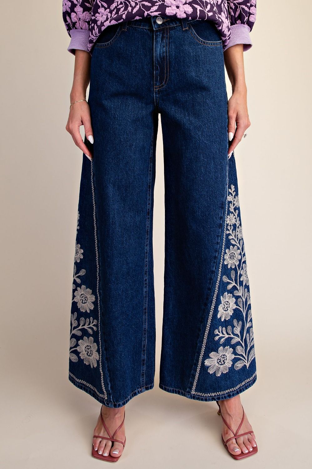 Dark Denim Flared Jeans with Embroidery Detail