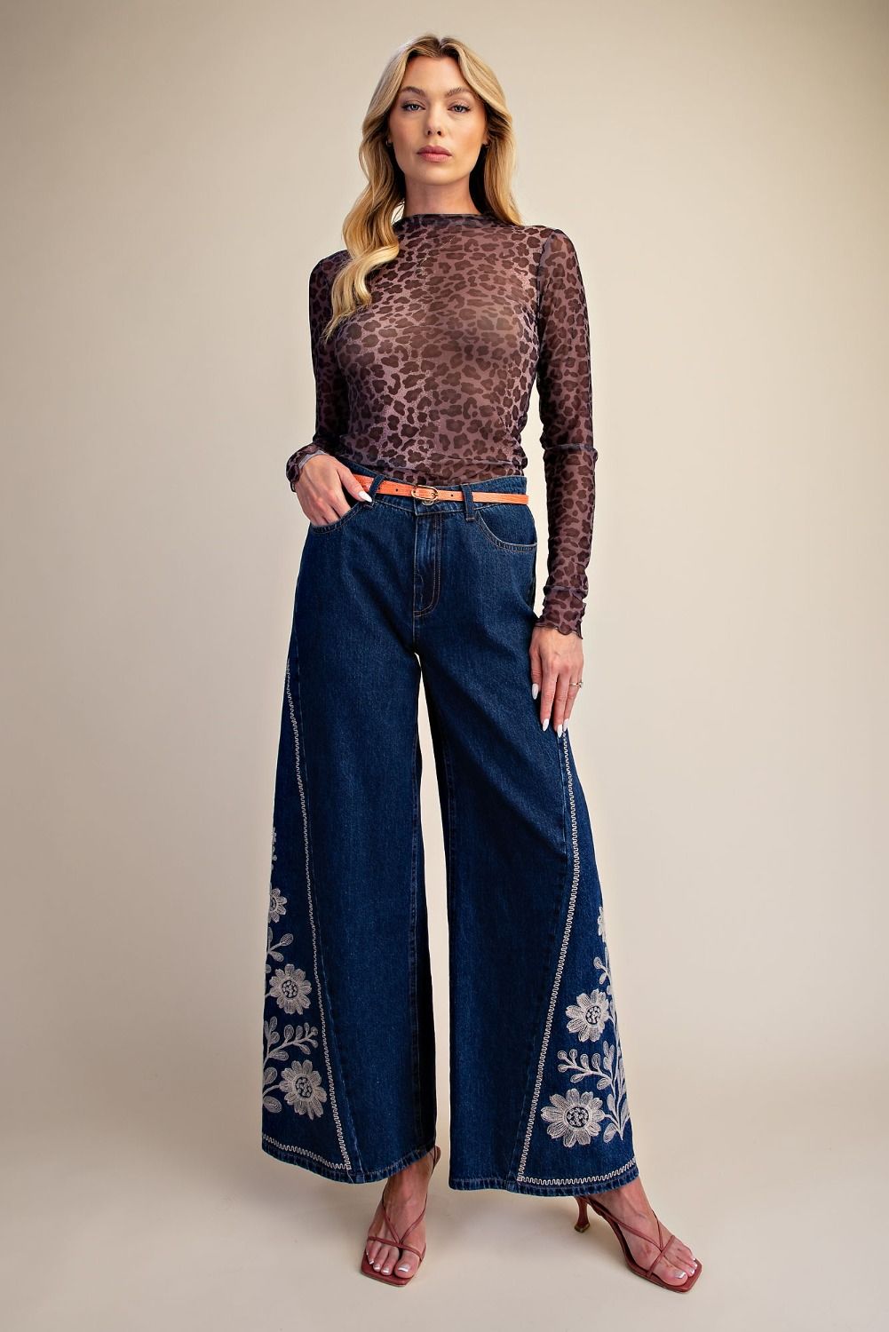 Dark Denim Flared Jeans with Embroidery Detail