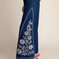 Dark Denim Flared Jeans with Embroidery Detail
