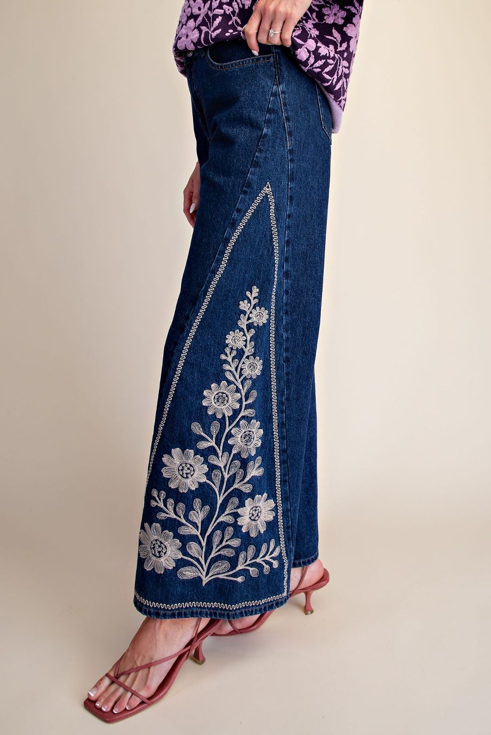 Dark Denim Flared Jeans with Embroidery Detail