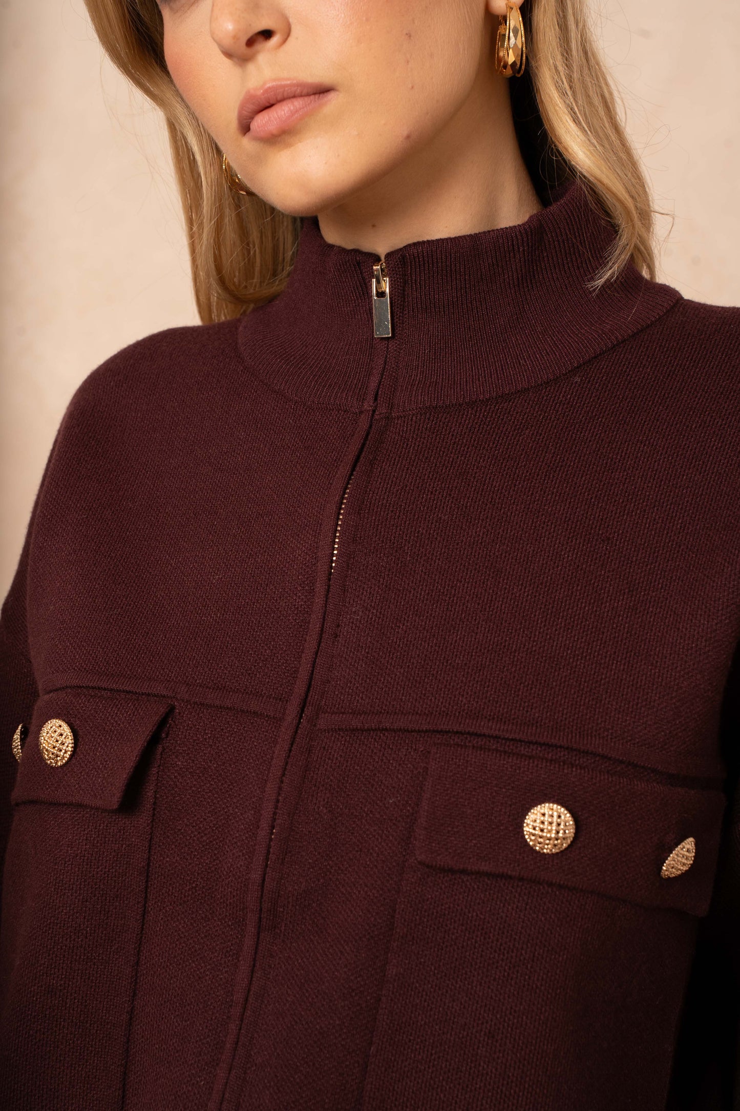 Burgundy Knit Jacket with Gold Buttons