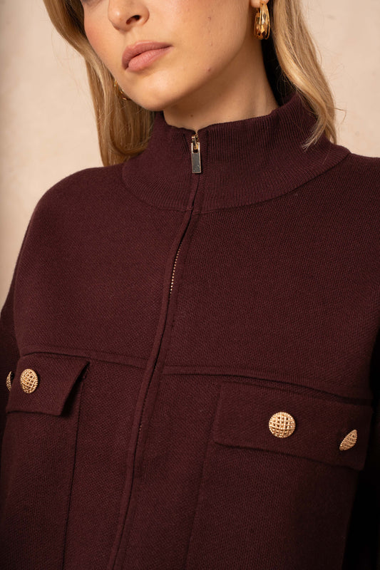 Burgundy Knit Jacket with Gold Buttons