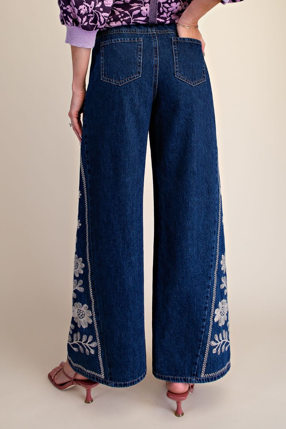 Dark Denim Flared Jeans with Embroidery Detail