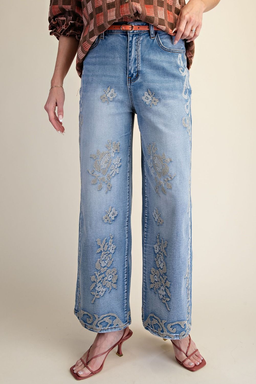 Embroidered Wash Denim Jeans