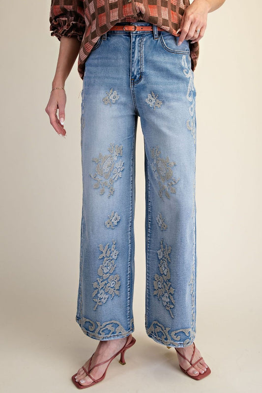 Embroidered Wash Denim Jeans