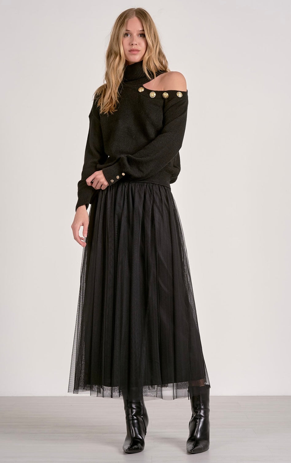 Cold Shoulder Turtle Neck Sweater With Gold Button Accents - 2 Colours