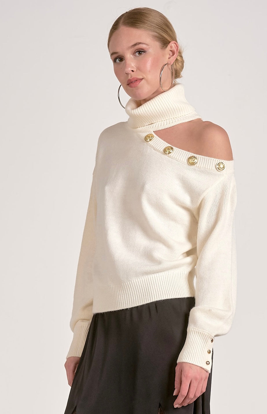 Cold Shoulder Turtle Neck Sweater With Gold Button Accents - 2 Colours