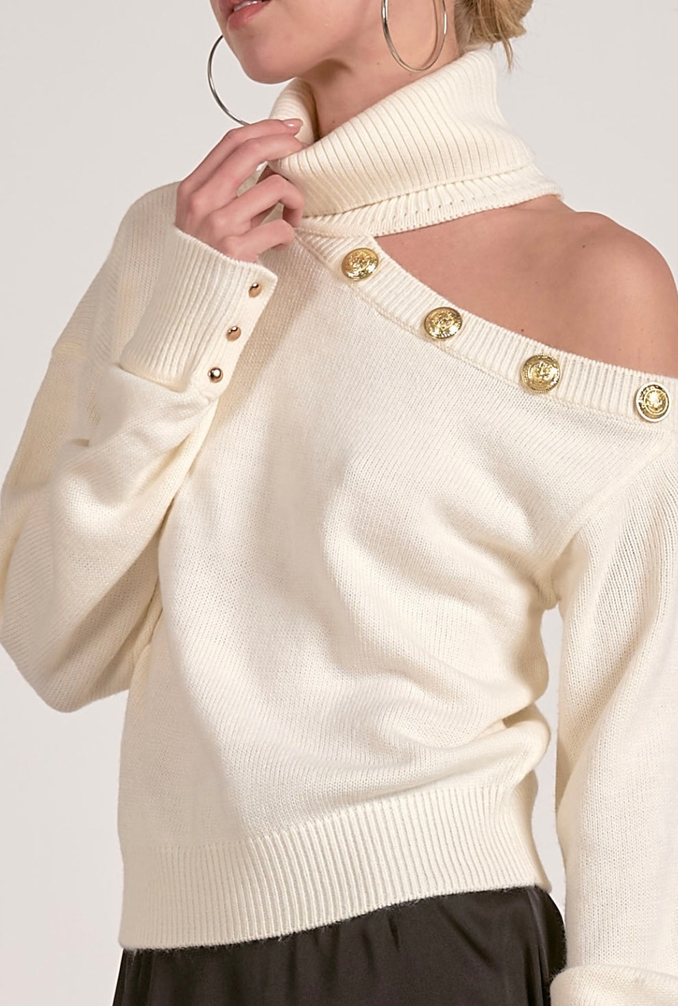 Cold Shoulder Turtle Neck Sweater With Gold Button Accents - 2 Colours