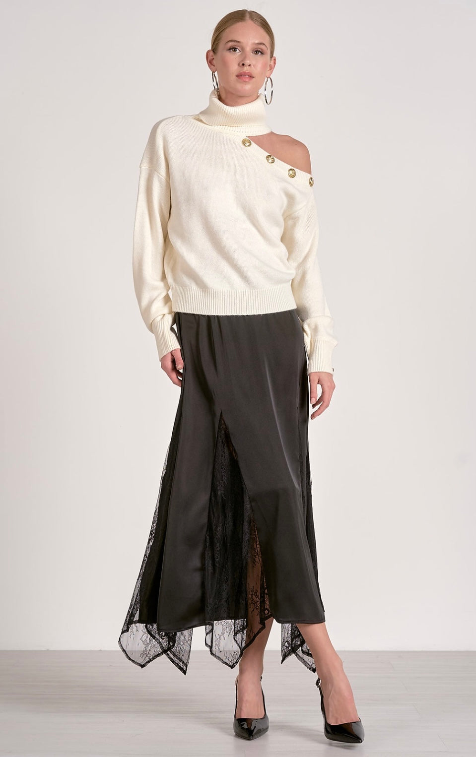 Cold Shoulder Turtle Neck Sweater With Gold Button Accents - 2 Colours