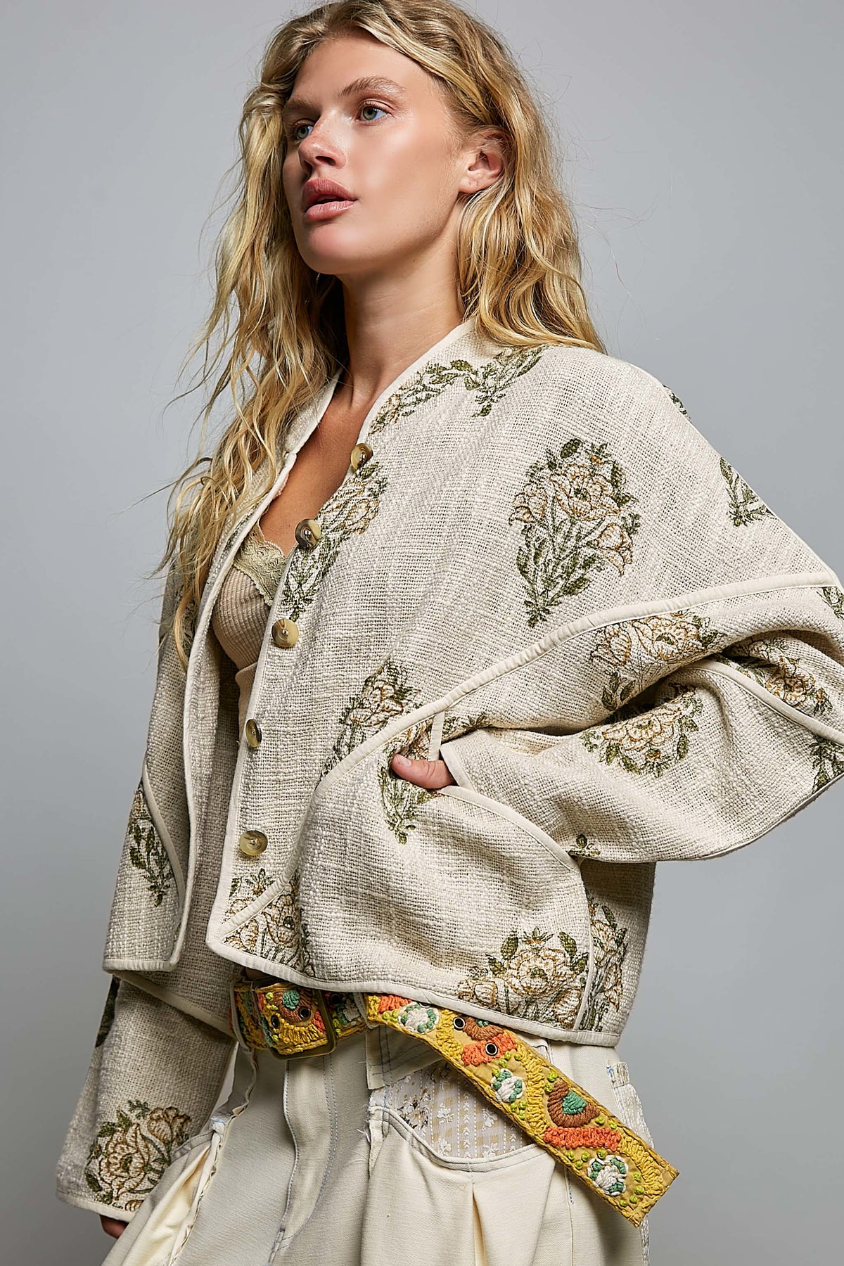 Natural & Olive  Green Linen Jacket