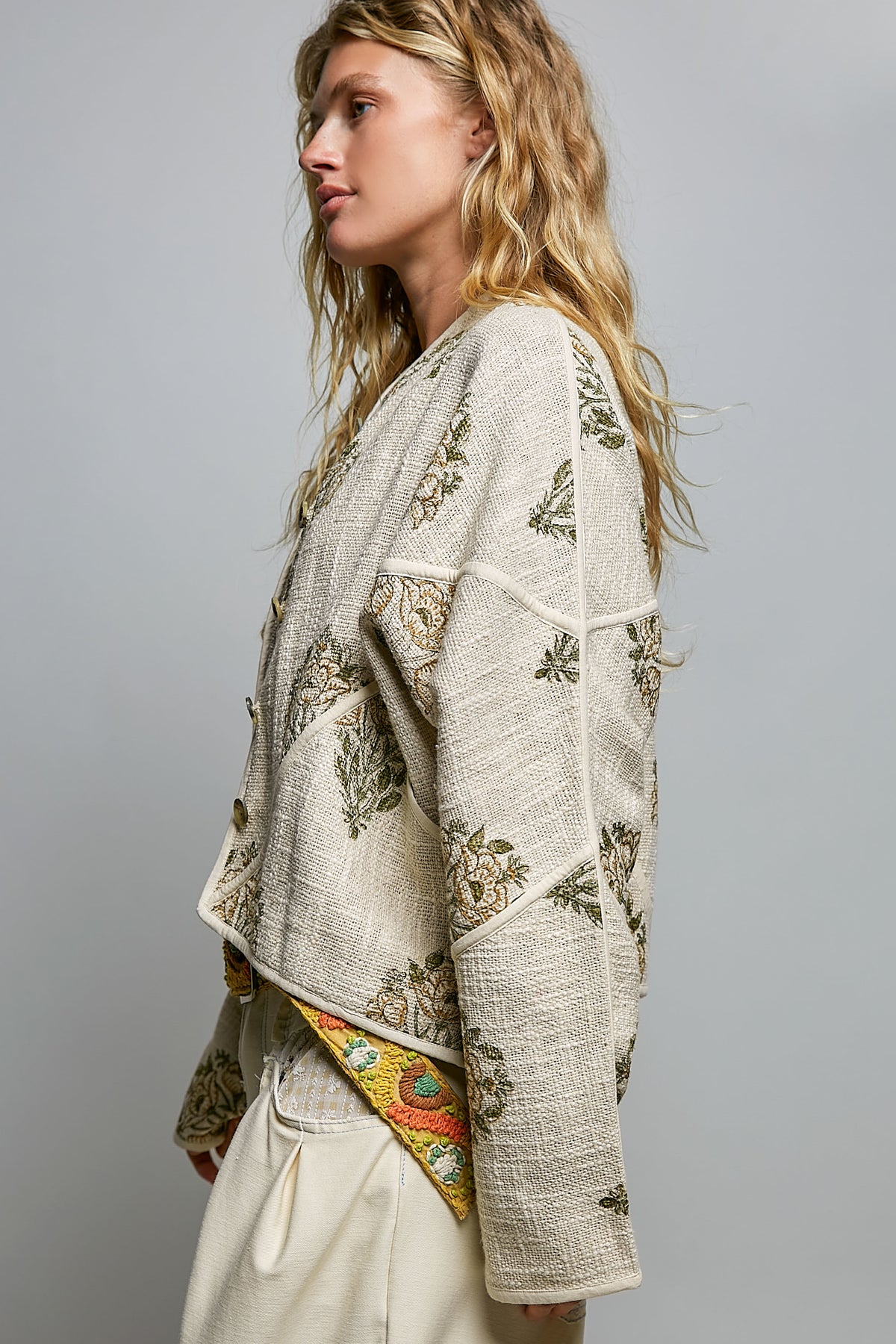 Natural & Olive  Green Linen Jacket