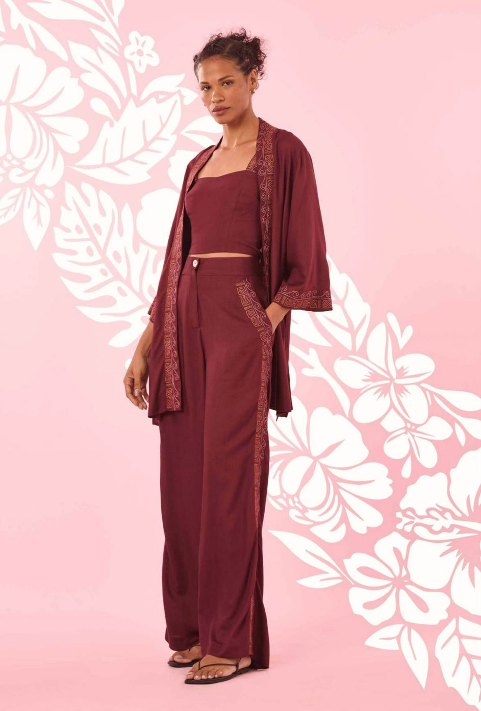 Embroidered Burgundy Linen Pants
