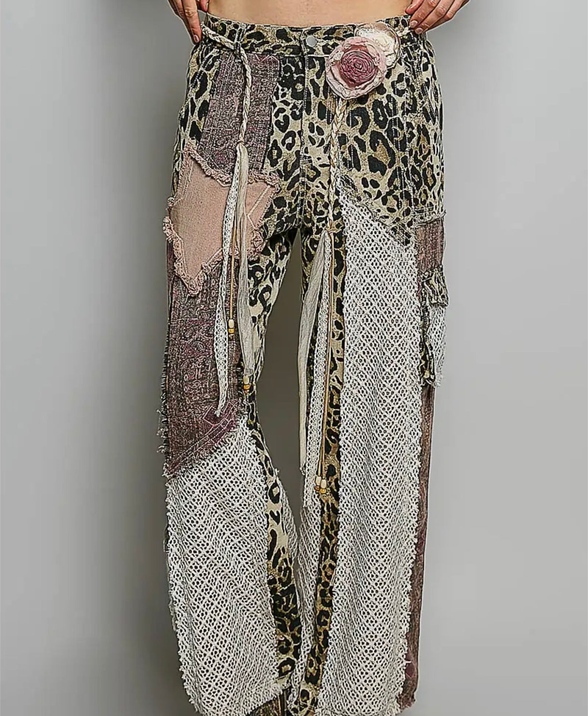 Pink Mixed Media Leopard Jeans