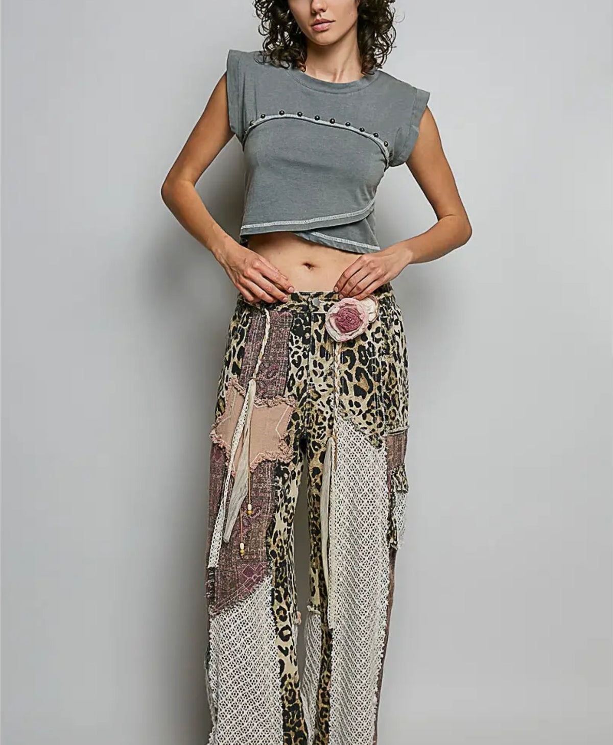 Pink Mixed Media Leopard Jeans