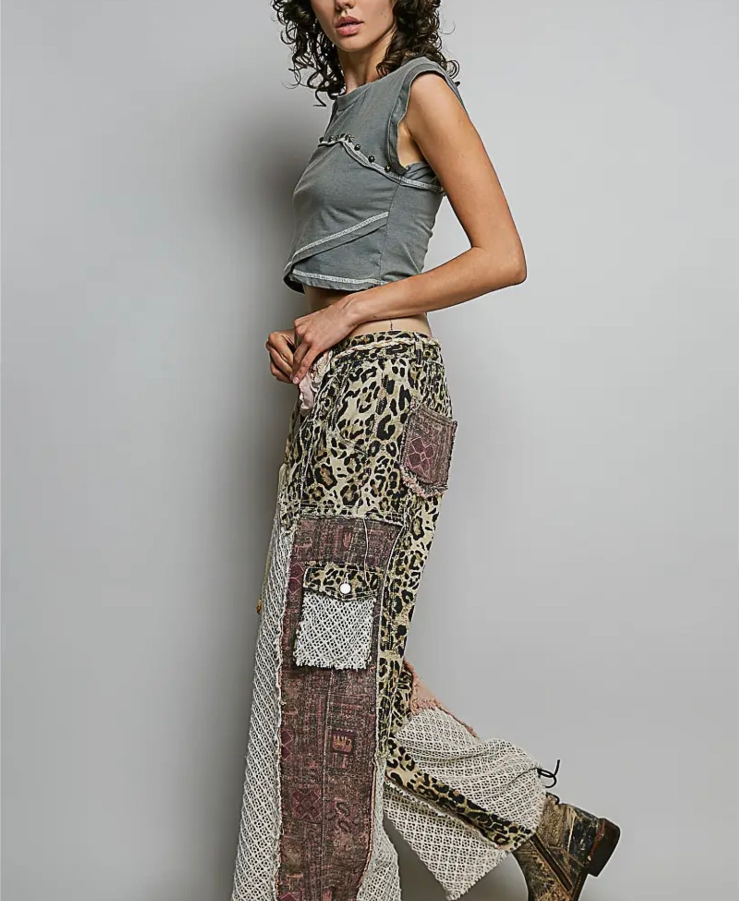 Pink Mixed Media Leopard Jeans