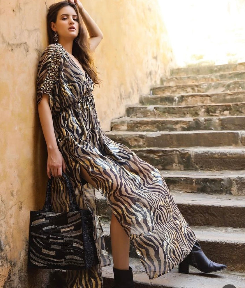 Black & Gold Zebra Kimono Dress