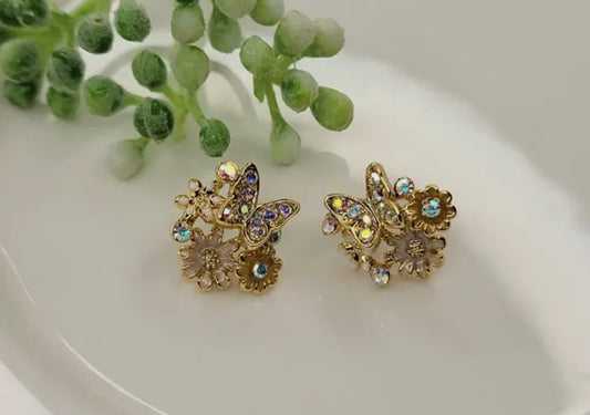 Butterfly & Flower Stud Crystal Earrings