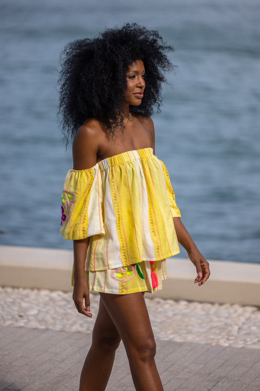 Yellow Off Shoulder Embroidered Top