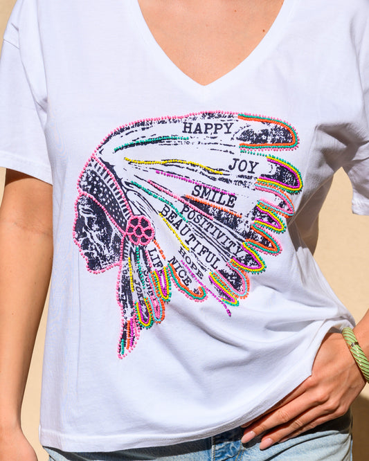 Indian Beaded White V Neck T-Shirt