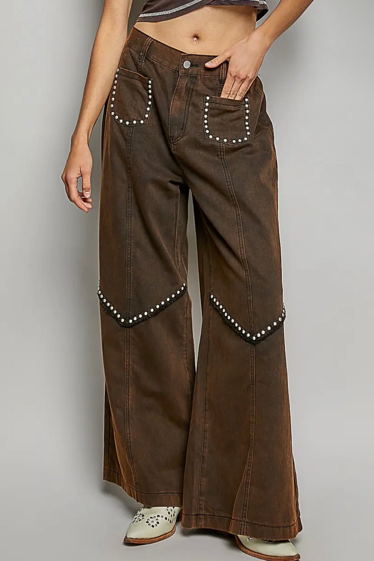 Brown Studded Denim Jeans