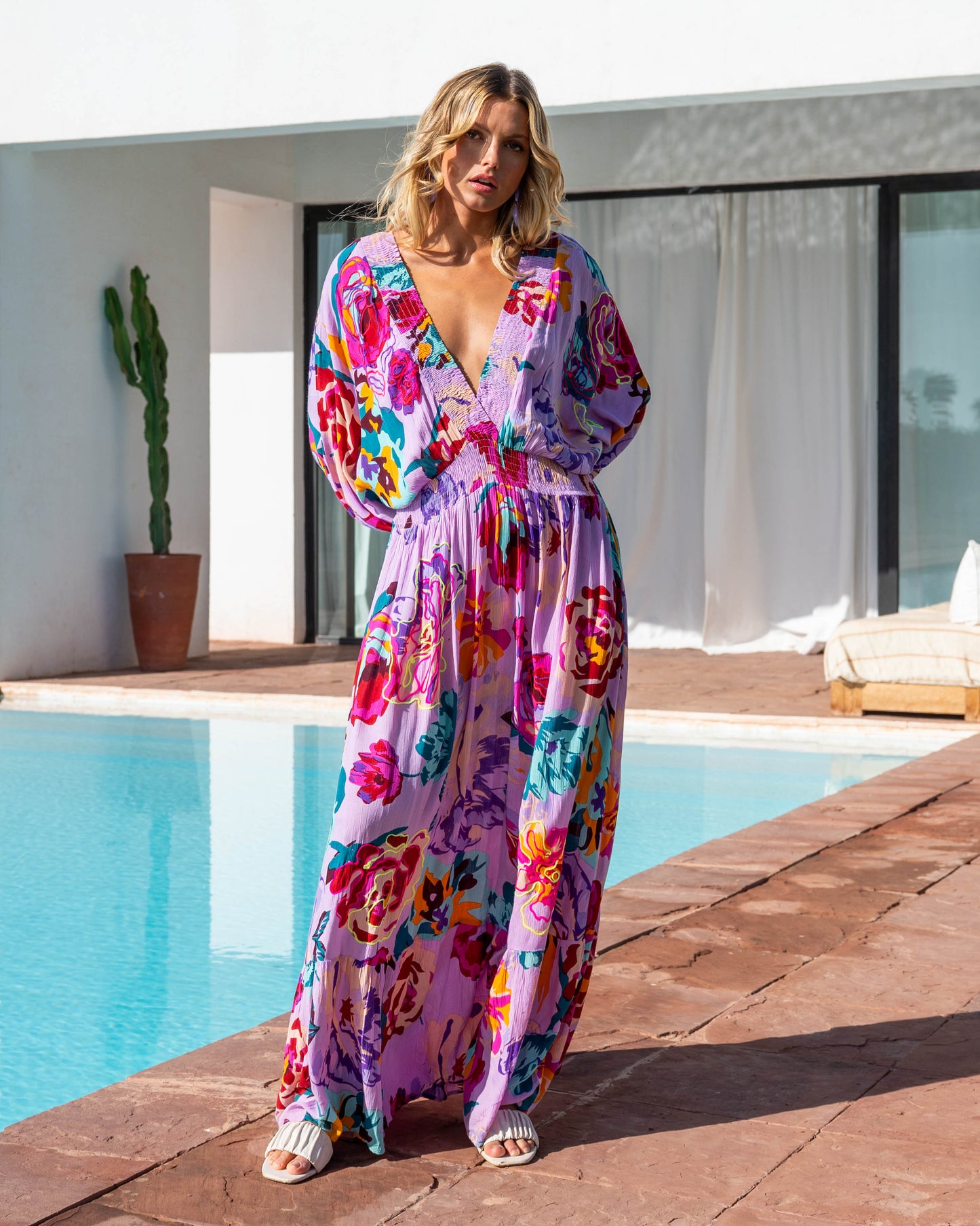 Lilac Floral Maxi Dress with Embroidered Detail