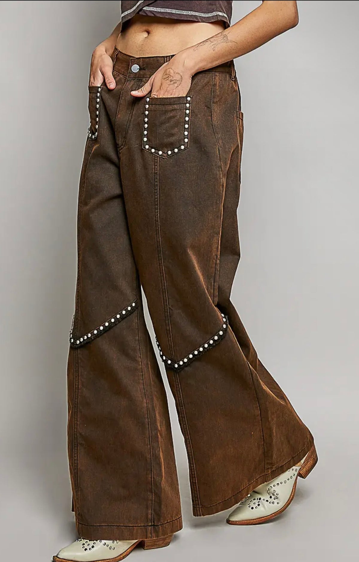 Brown Studded Denim Jeans