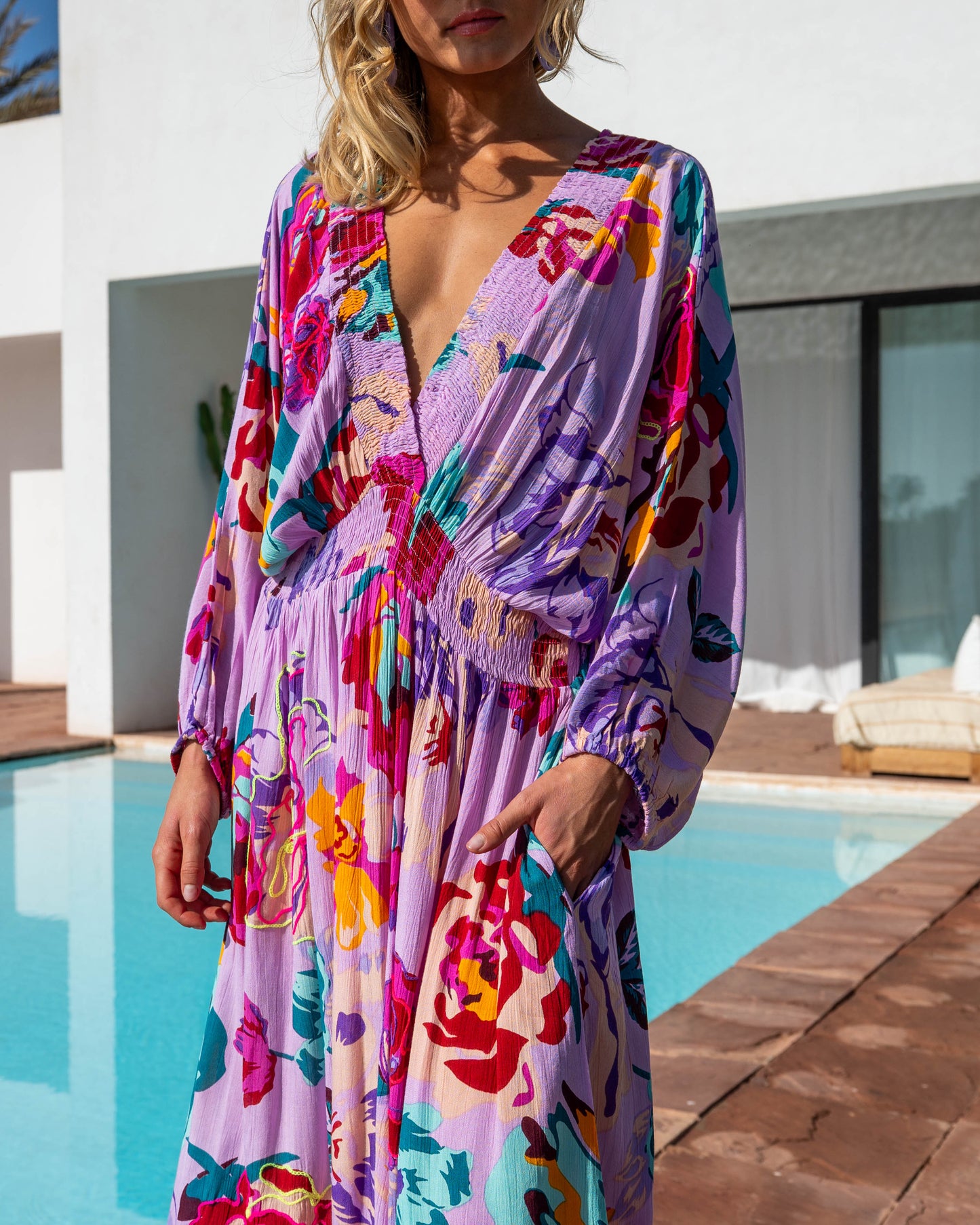Lilac Floral Maxi Dress with Embroidered Detail