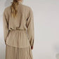 Taupe Tie Neck Shirt & Pleated Skirt Set