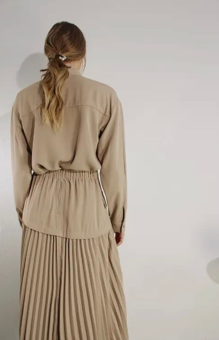 Taupe Tie Neck Shirt & Pleated Skirt Set