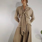 Taupe Tie Neck Shirt & Pleated Skirt Set