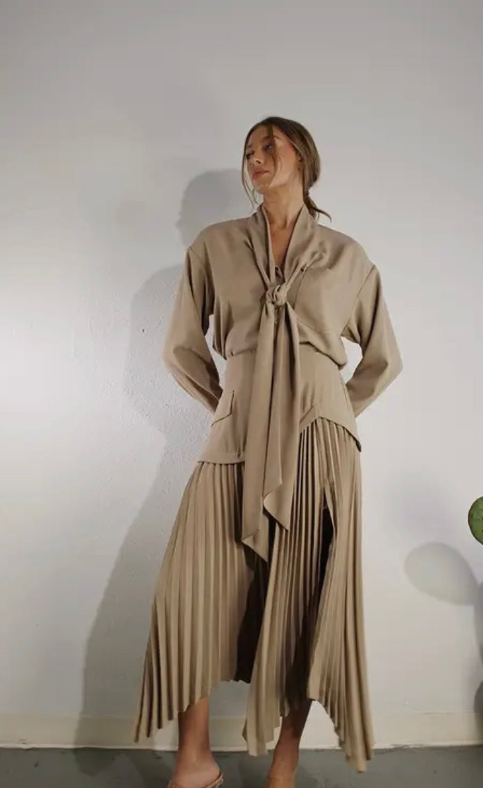 Taupe Tie Neck Shirt & Pleated Skirt Set