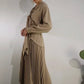 Taupe Tie Neck Shirt & Pleated Skirt Set