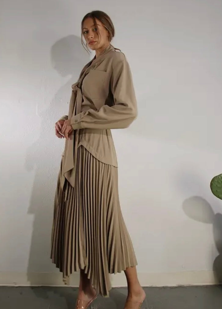 Taupe Tie Neck Shirt & Pleated Skirt Set