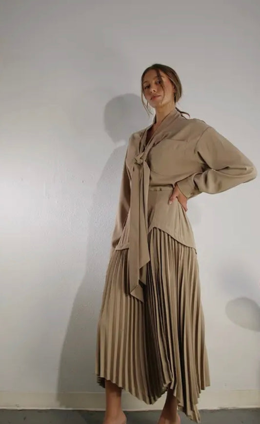 Taupe Tie Neck Shirt & Pleated Skirt Set