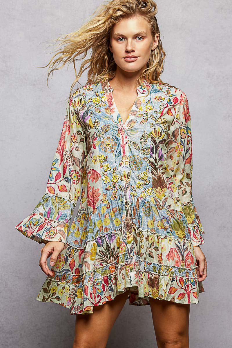 Floral Print Ruffle Mini Dress with Hand Beaded Detail