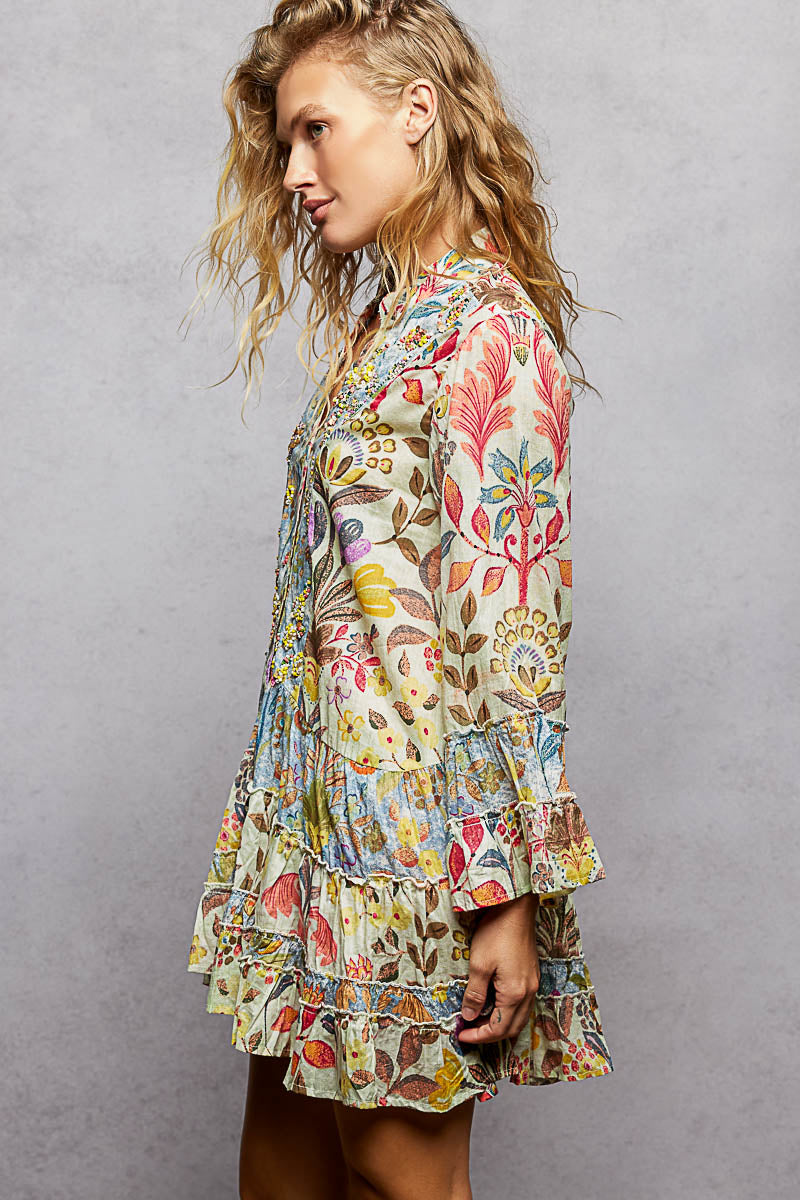 Floral Print Ruffle Mini Dress with Hand Beaded Detail