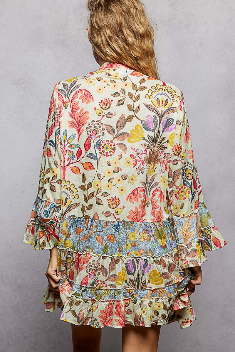 Floral Print Ruffle Mini Dress with Hand Beaded Detail