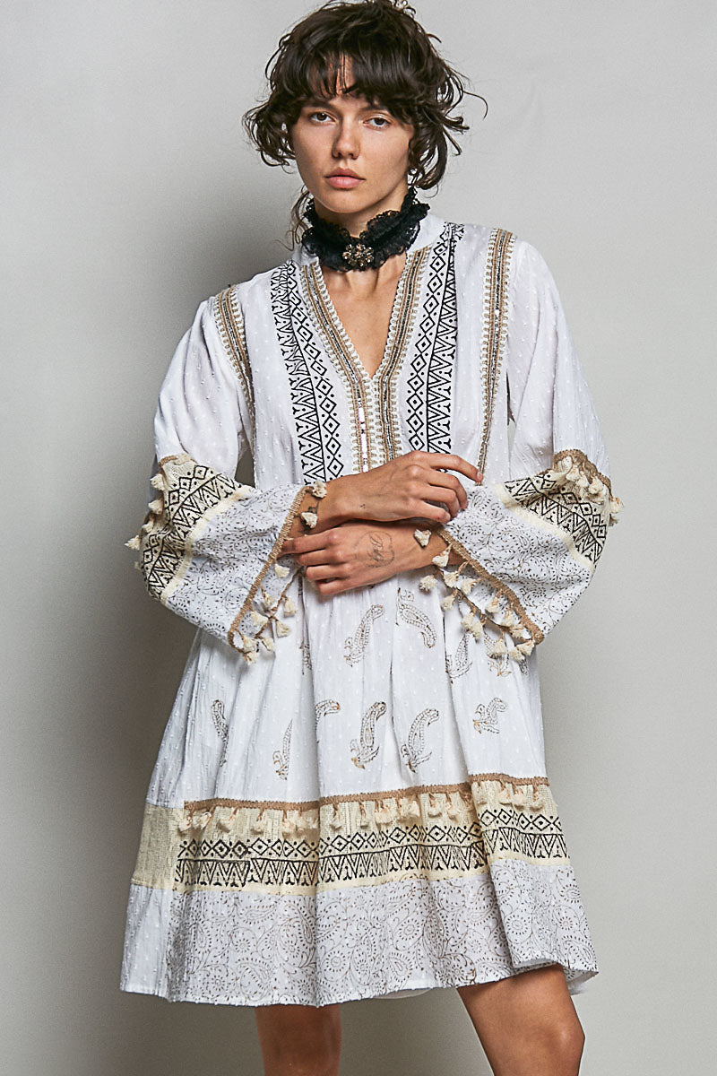 White Paisley Print Mini Dress