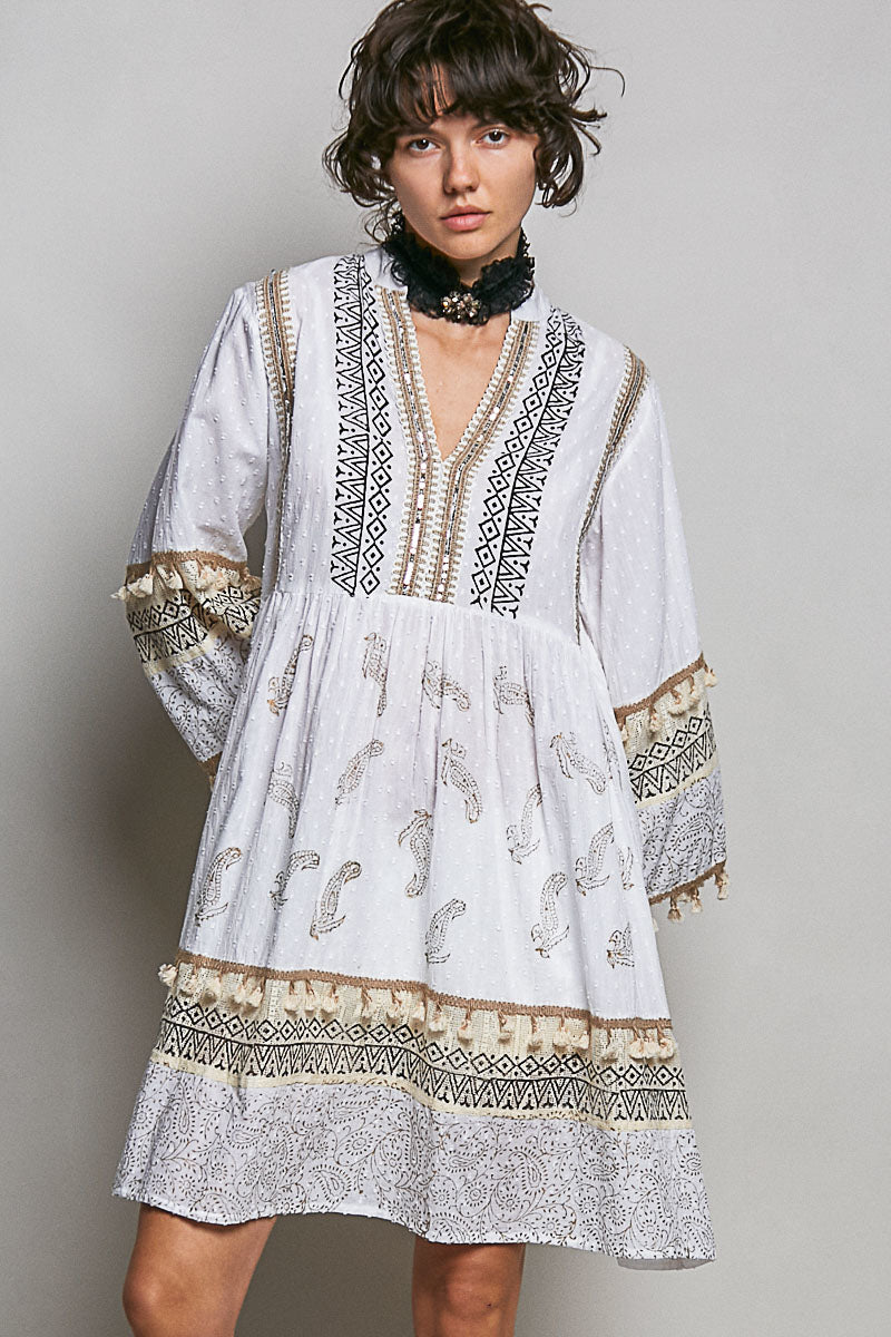 White Paisley Print Mini Dress