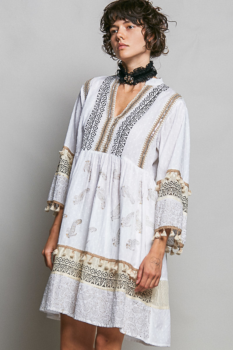 White Paisley Print Mini Dress