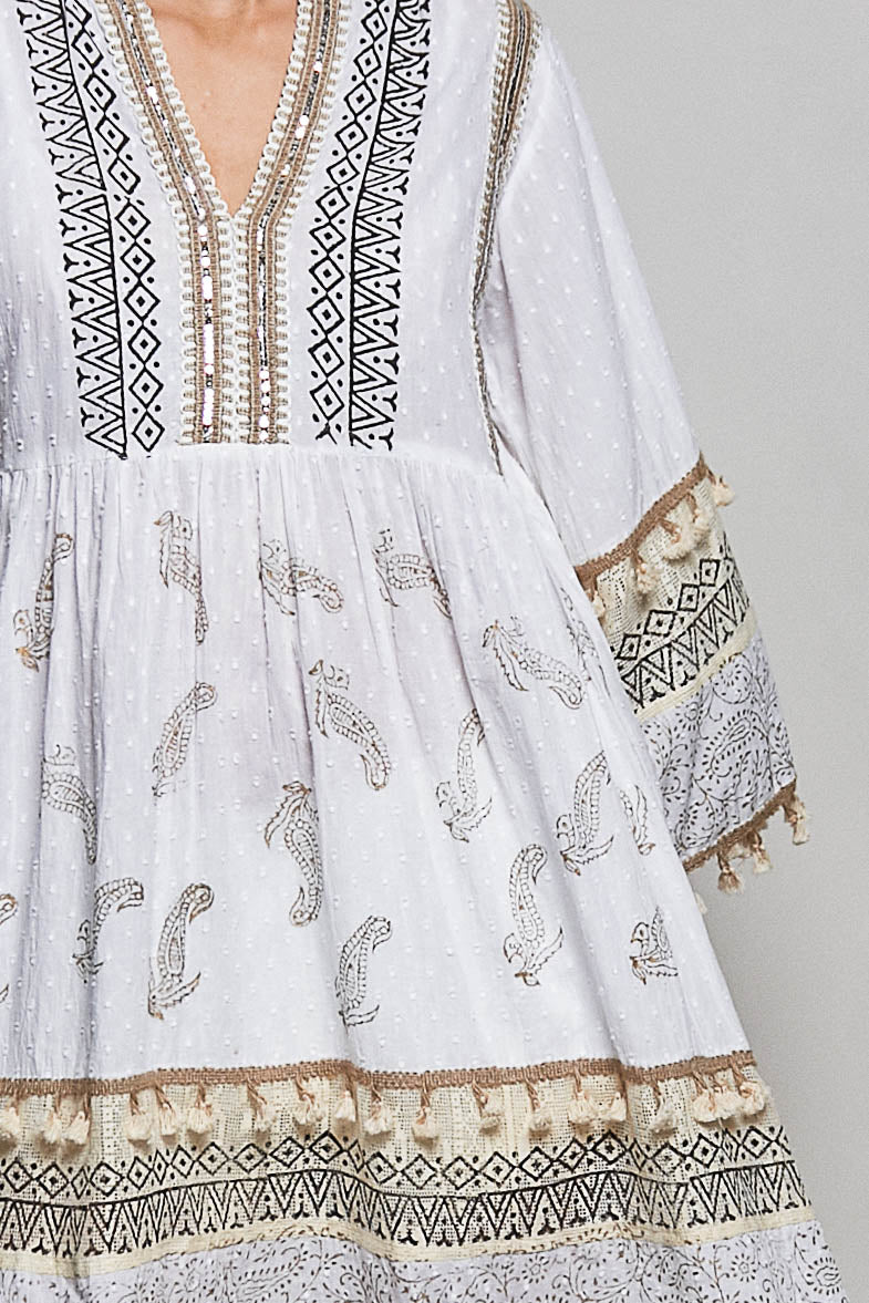White Paisley Print Mini Dress