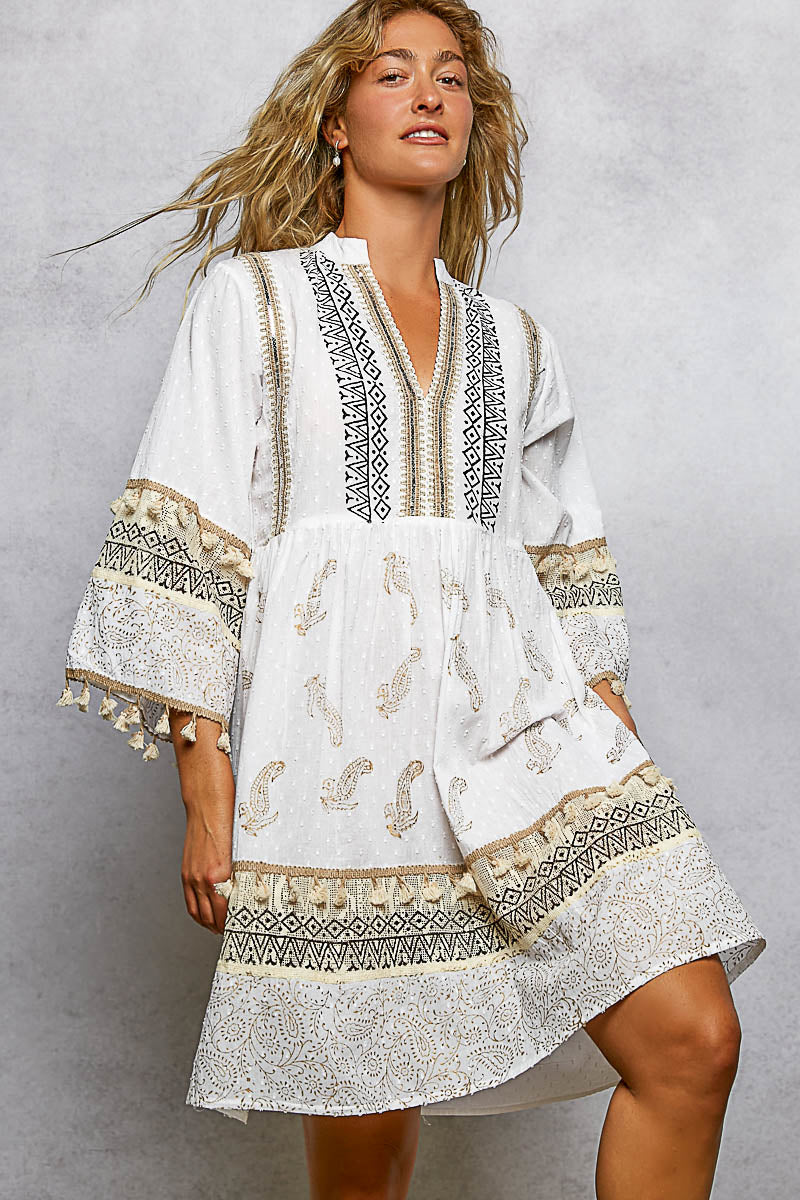 White Paisley Print Mini Dress