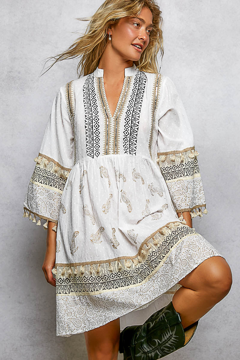 White Paisley Print Mini Dress