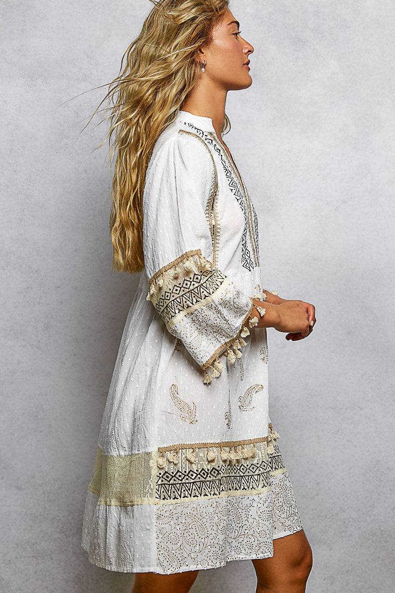 White Paisley Print Mini Dress