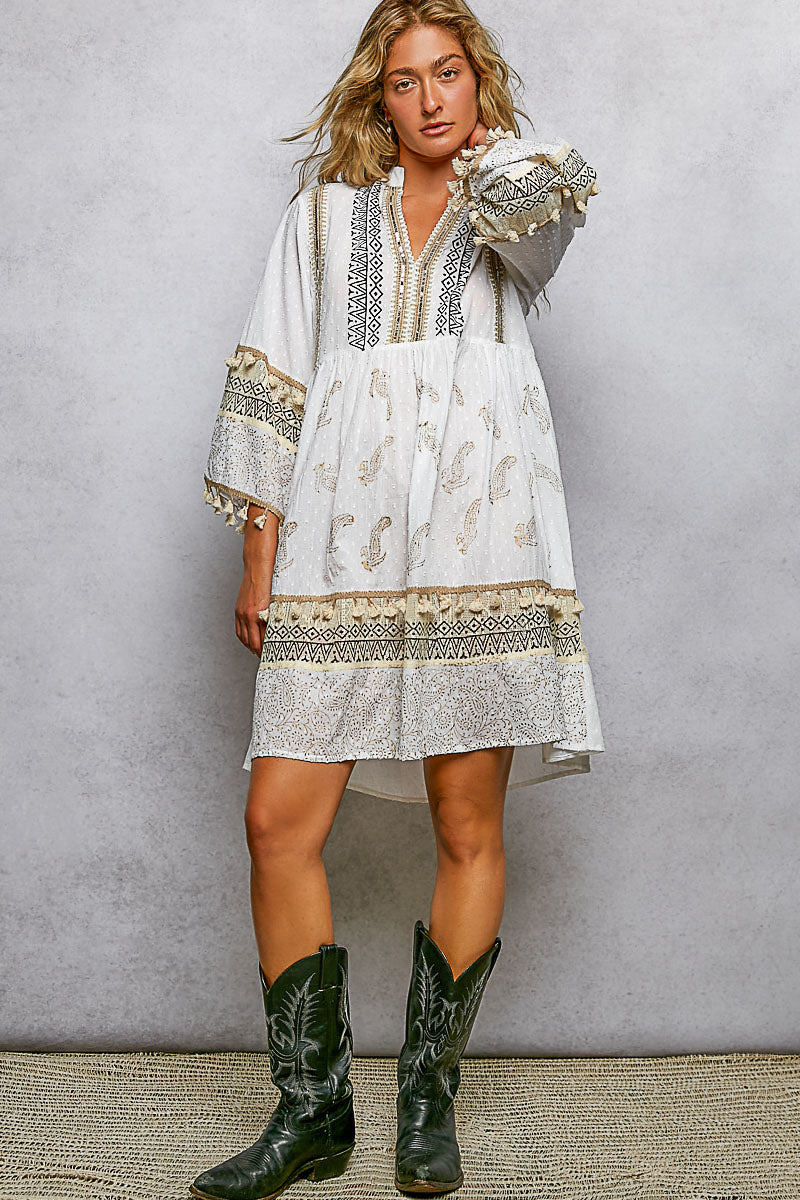White Paisley Print Mini Dress
