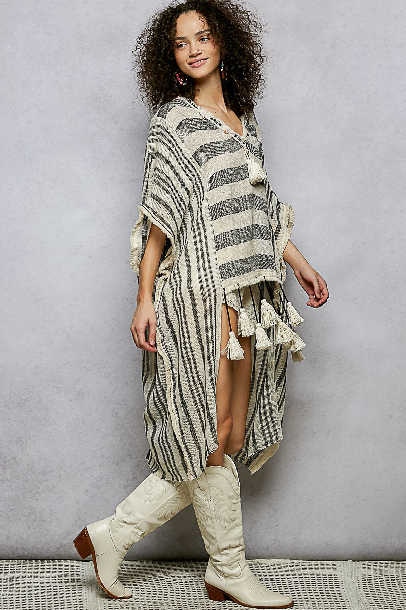 Black & White Stripe Linen Top with Tassels