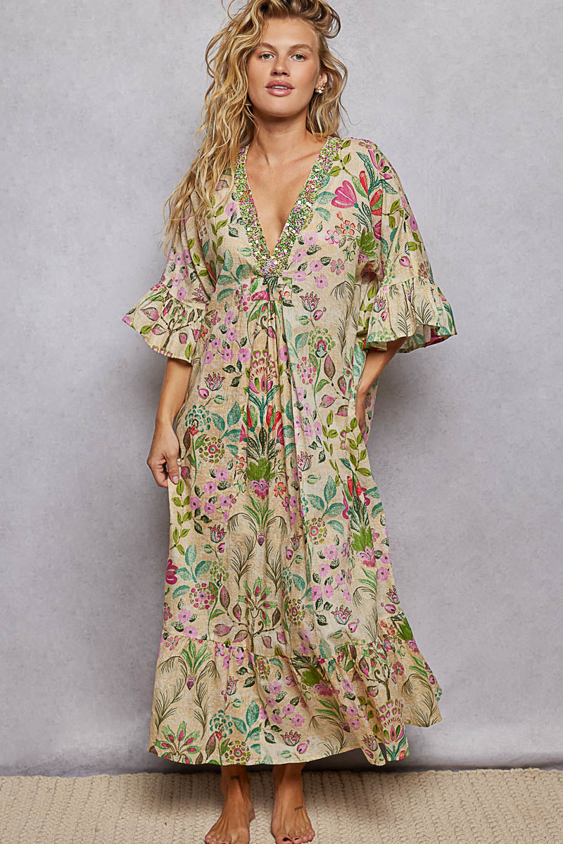 Floral Beaded Cotton Maxi Dress