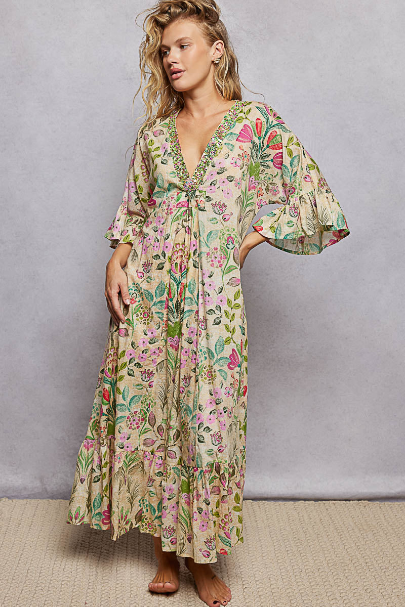 Floral Beaded Cotton Maxi Dress