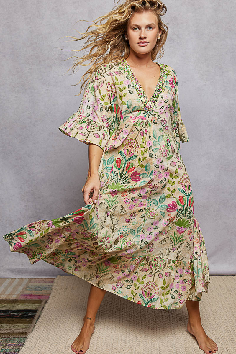 Floral Beaded Cotton Maxi Dress